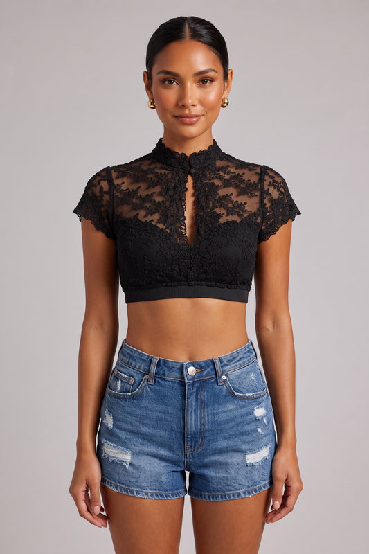 black floral lace fitted crop top black floral lace crop top - product view 1