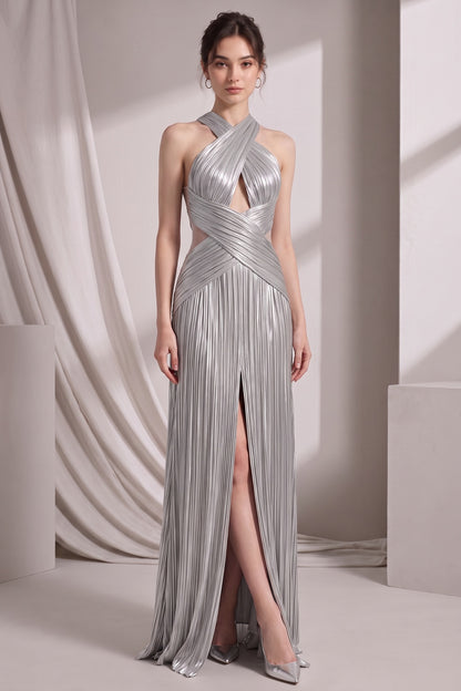 Silver Metallic Plissé Column Gown silver metallic plissé gown - product view 3