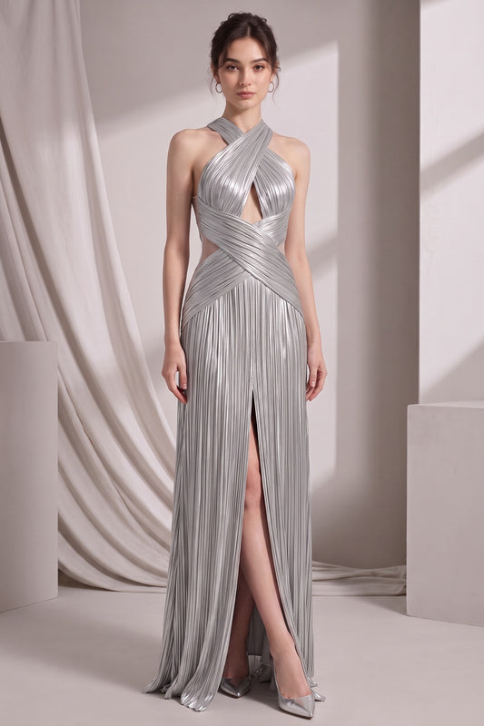 Silver Metallic Plissé Column Gown silver metallic plissé gown - product view 3