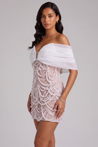Off Shoulder Organza Pearl Beaded Mini Bodycon Dress