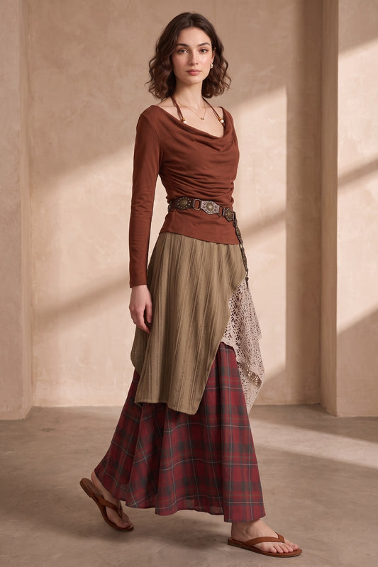 rust brown stretch jersey knit (top) fitted top with flared, multi-layered skirt two-piece set rust brown, olive green, cream, dark red stretch jersey knit (top), woven cotton-blend (plaid skirt base) two-piece set - product view 2
