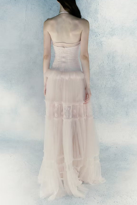 hermosa Lace splicing layer maxi dress in pink