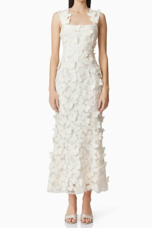 square neckline 3D flower embroidery Gown in White