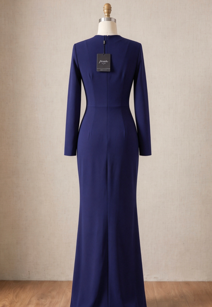Navy Blue Heavy Crepe Column Evening Gown with Silver Floral Appliqué
