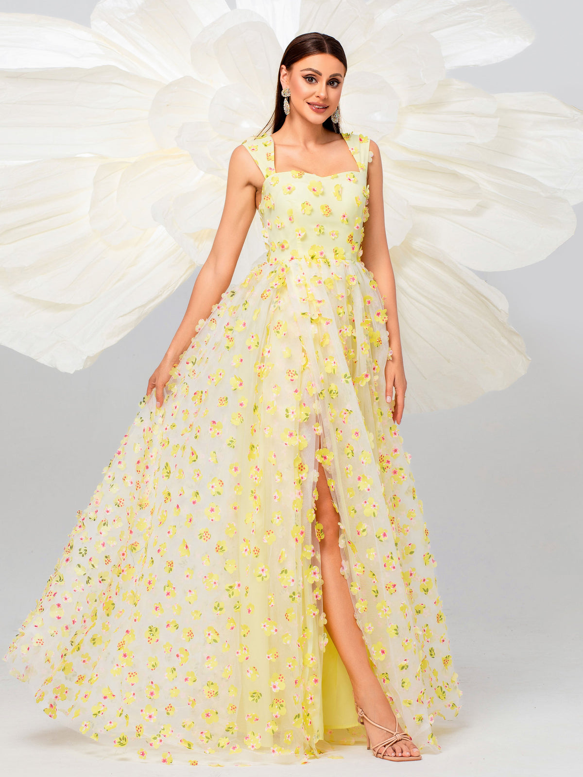 Appliqued Pink Camisole Floral Tulle Dress