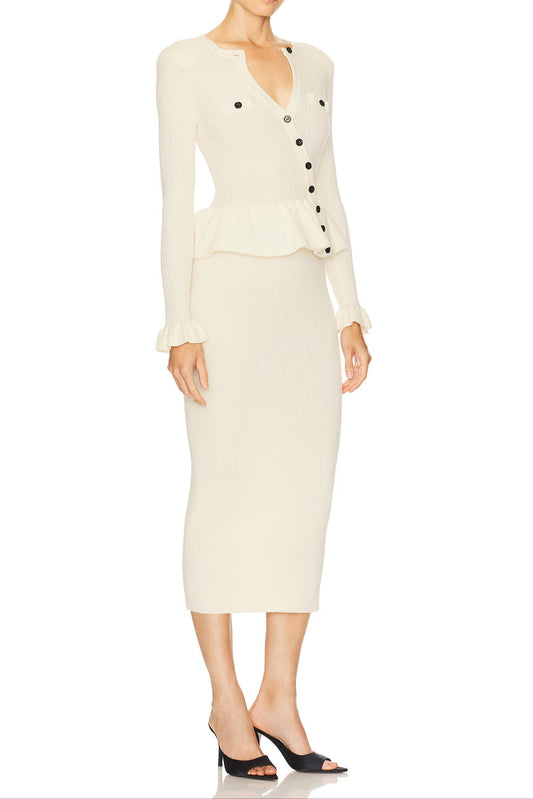 caroline Asymmetric Knit Midi Dress in beige