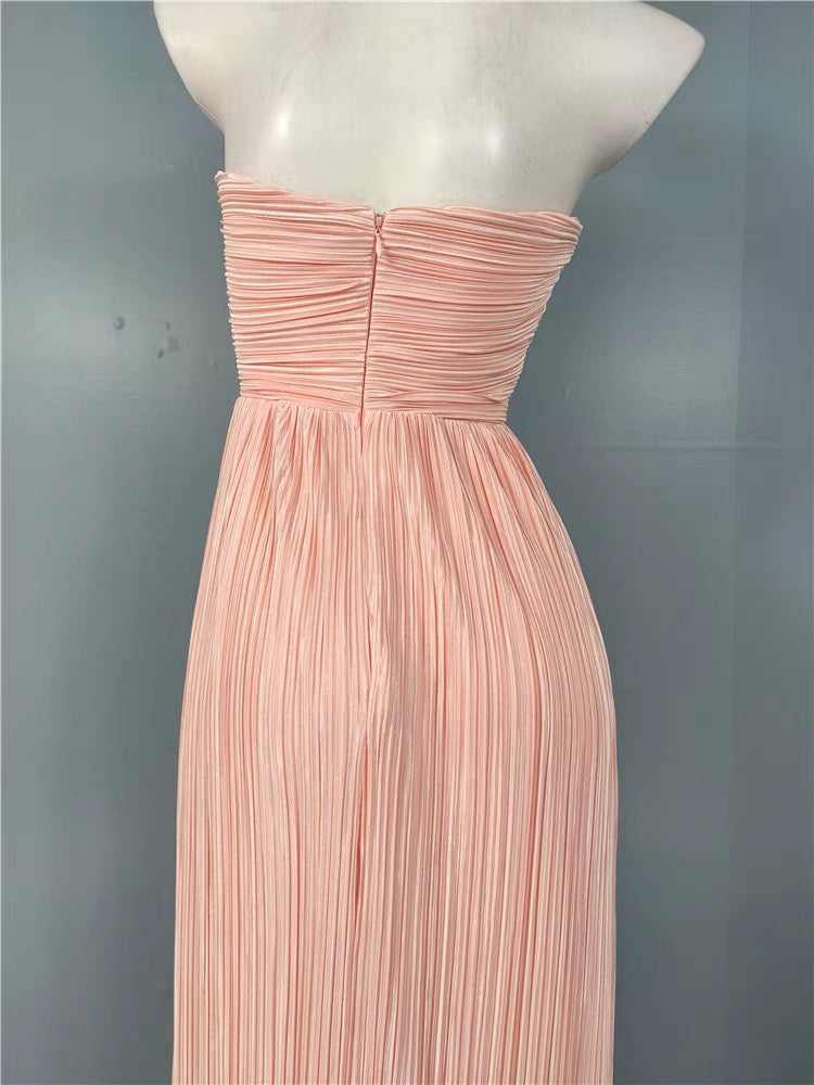 Strapless Pleated Maxi Dress Pink