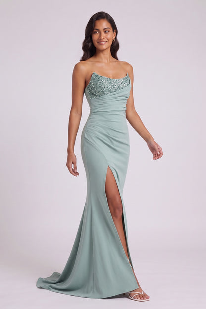 Mint Green One-Shoulder Sequin Evening Gown Premium Fabric - product view 2