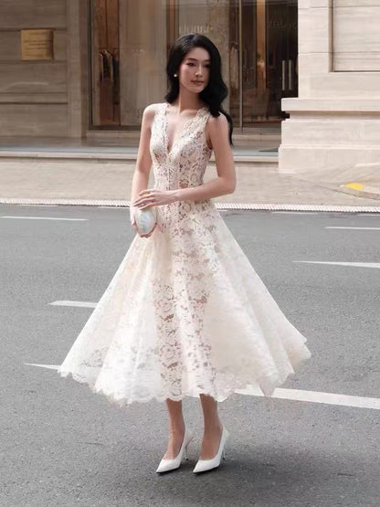 White Floral Lace A-Line Midi Dress with Keyhole Neckline