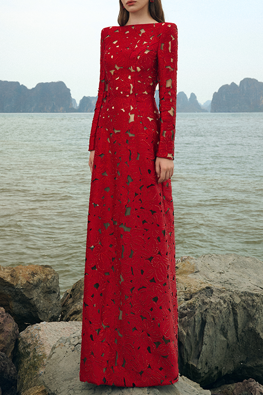 Red Laser-Cut Structured Fabric A-Line Gown