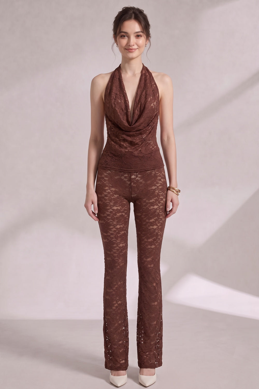 chocolate brown lace fitted halter top with cowl neck; slim-fit pants flaring from the knee two-piece set (halter top and matching pants) chocolate brown lace two-piece set (halter top and matching pants) - product view 3