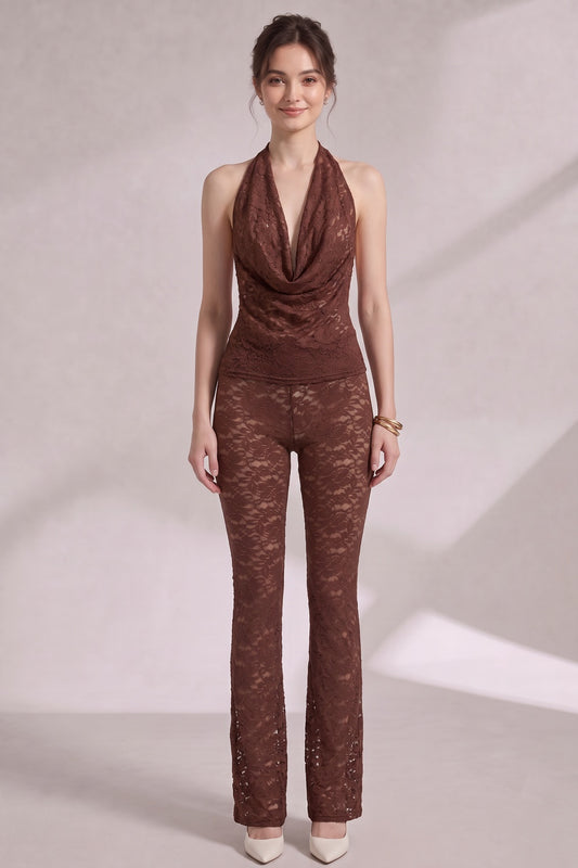 chocolate brown lace fitted halter top with cowl neck; slim-fit pants flaring from the knee two-piece set (halter top and matching pants) chocolate brown lace two-piece set (halter top and matching pants) - product view 3
