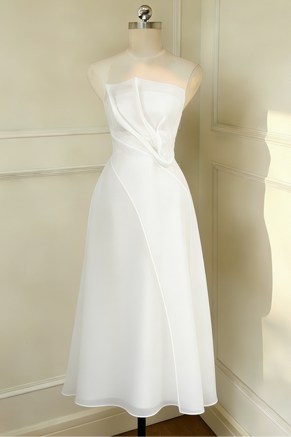 Strapless Layered Organza Midi Dress In White With Giant Puff Bubble Sleeves