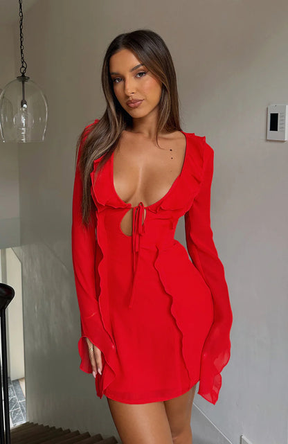 Ruffled Tie Deep V Chiffon mini Dress in red