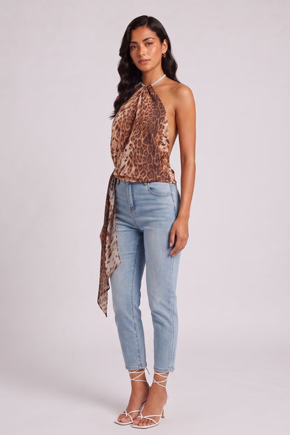 Leopard Print Halter Backless Wrap Cami Top