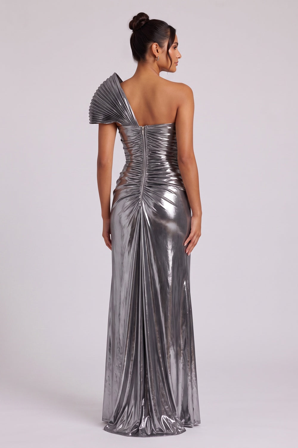 Silver Metallic One-Shoulder Draped Maxi Dress Premium Fabric - product view 3