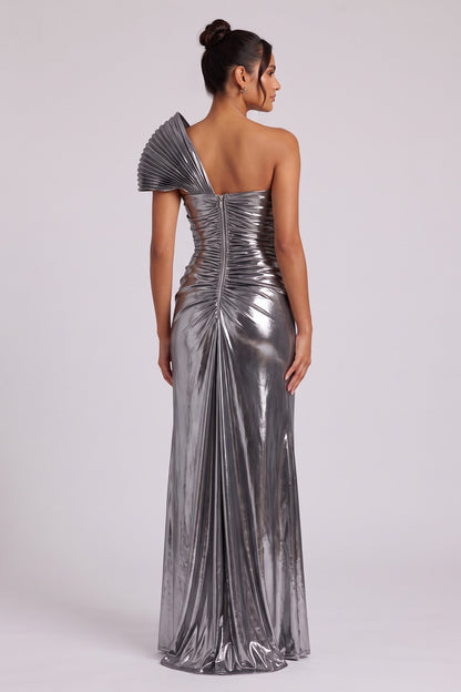 Silver Metallic One-Shoulder Draped Maxi Dress Premium Fabric - product view 3