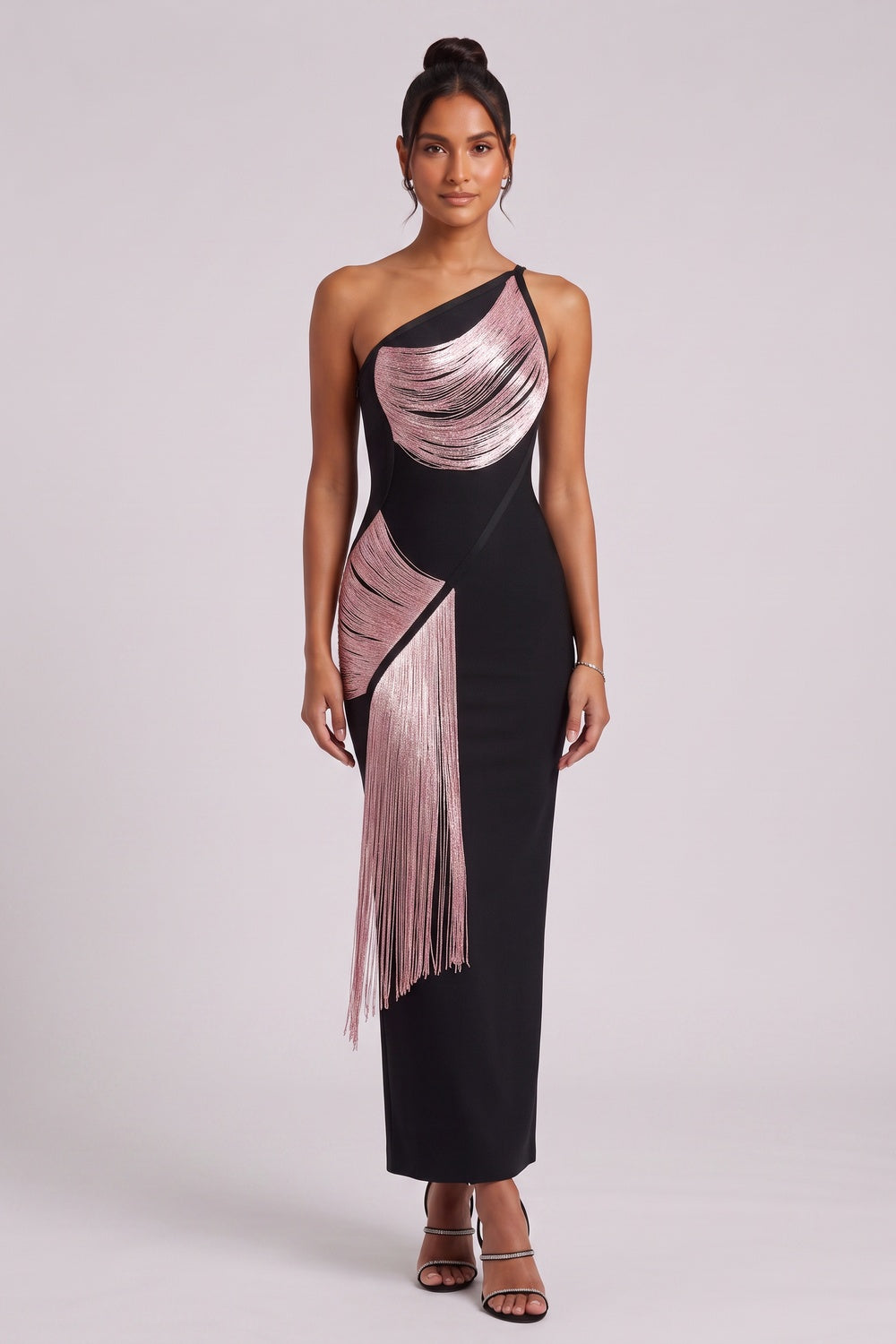 Black One-Shoulder Fringe Column Dress black heavy stretch knit dress - product view 3