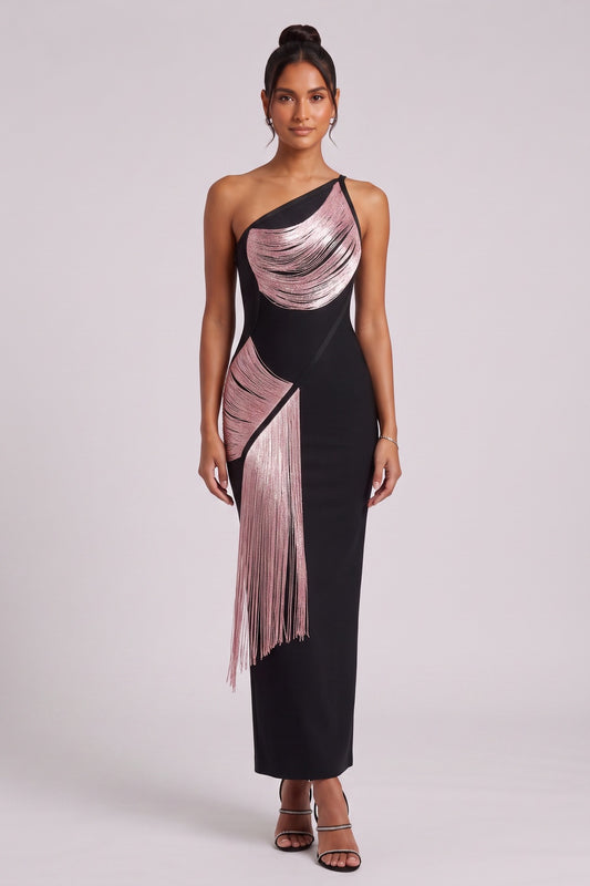 Black One-Shoulder Fringe Column Dress black heavy stretch knit dress - product view 3
