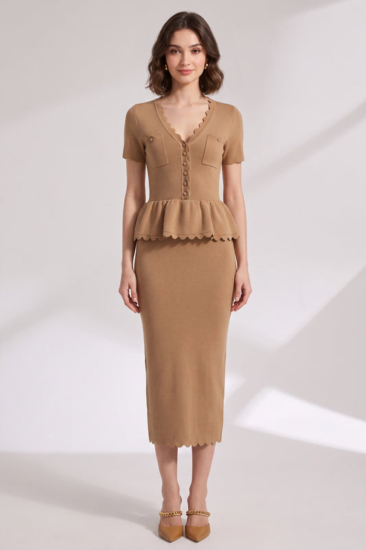 camel fine-gauge knit fitted hourglass with flared peplum two-piece knit set camel, tan fine-gauge knit two-piece knit set - product view 1