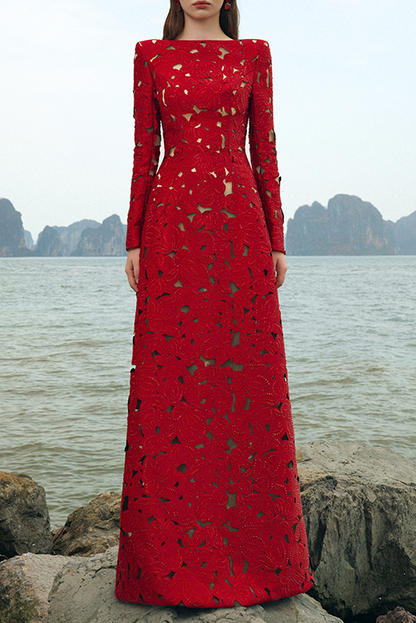 Red Laser-Cut Structured Fabric A-Line Gown
