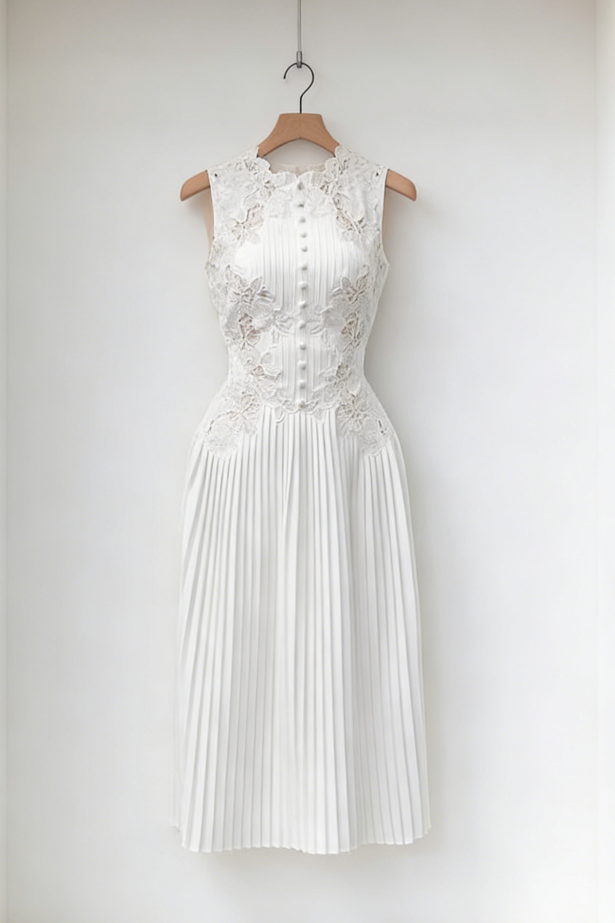 nancy lace embroidery pleated midi dress in white