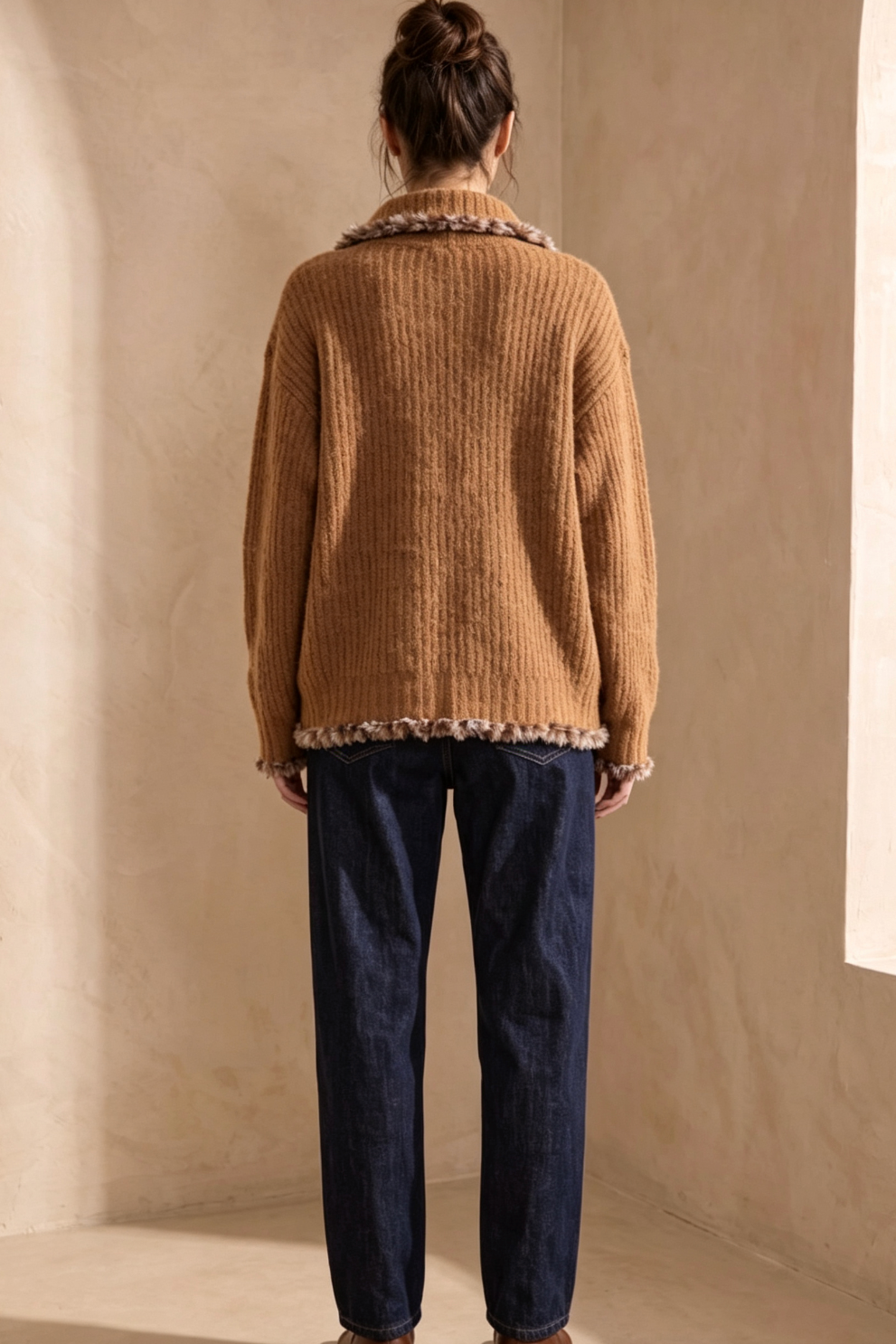 Caramel Brown Textured Mohair-Blend Knit Boxy Cardigan Jacket