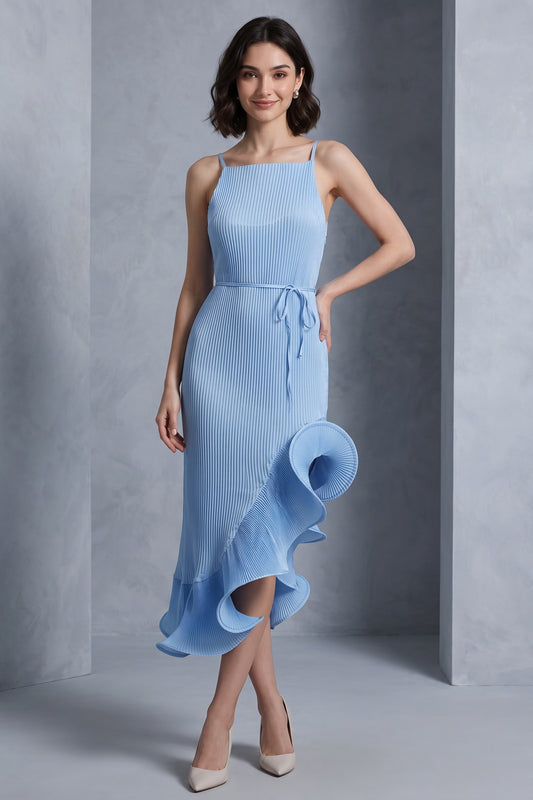 light blue polyester blend fitted sheath with asymmetrical flared hem dress light blue polyester blend dress - product view 1