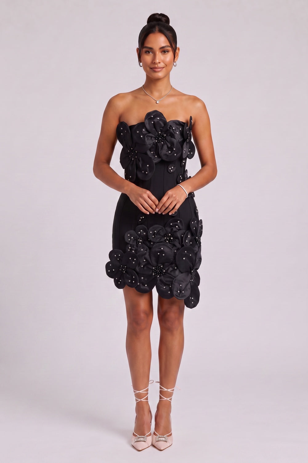 Black Structured Crepe 3D Floral Mini Dress black structured crepe dress - product view 2