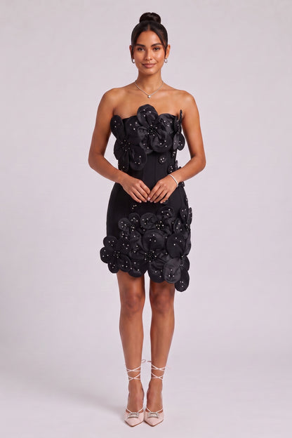 Black Structured Crepe 3D Floral Mini Dress black structured crepe dress - product view 2