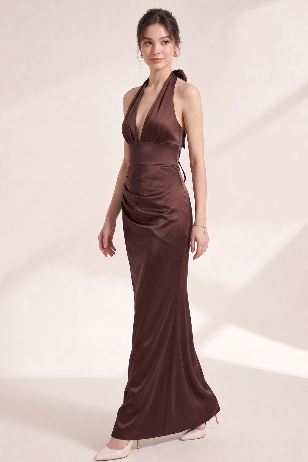 Chocolate Brown Satin Fitted Column Gown chocolate brown satin gown - product view 4