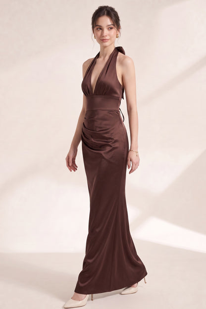 Chocolate Brown Satin Fitted Column Gown chocolate brown satin gown - product view 4
