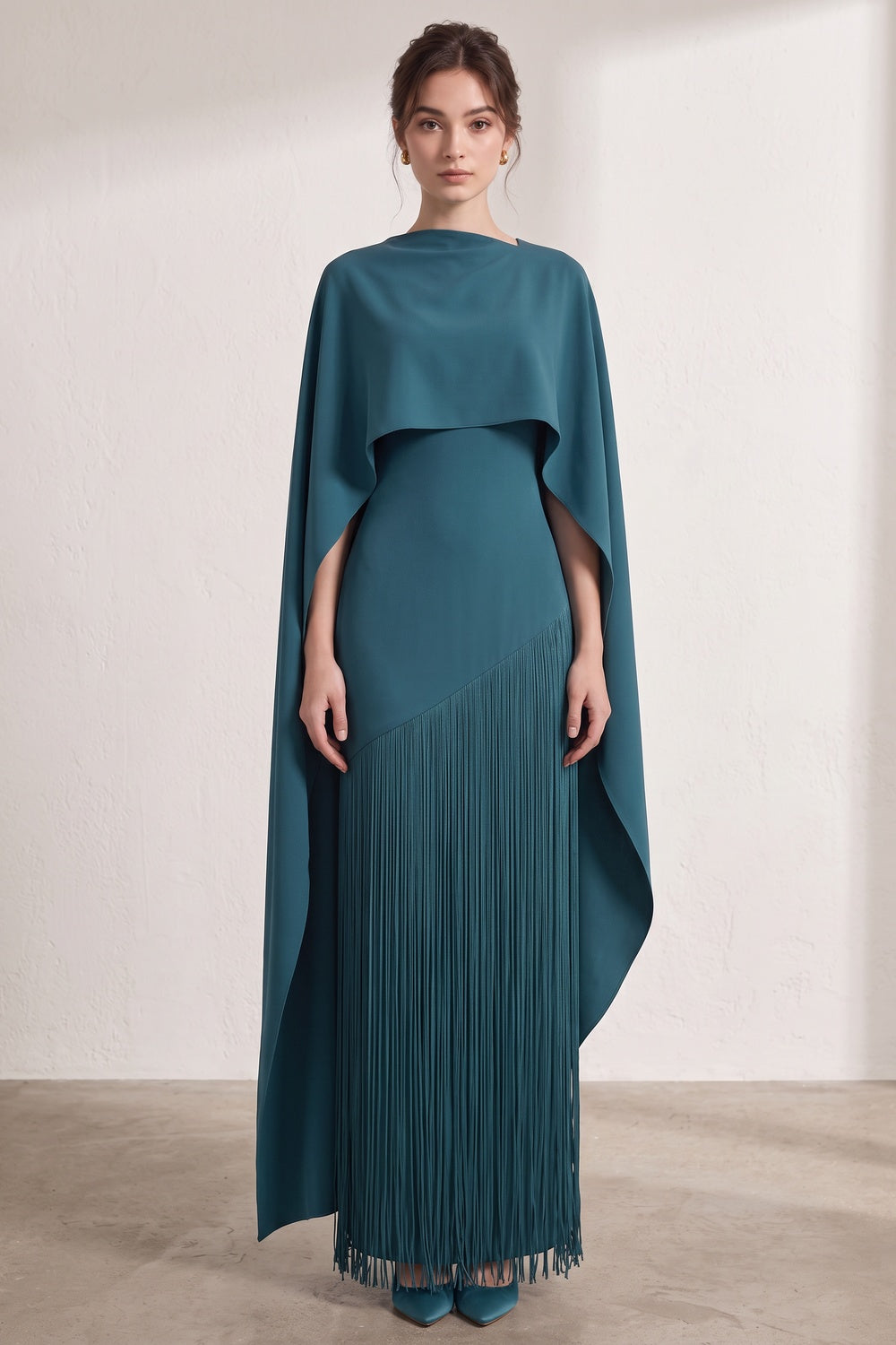 Teal Matte Crepe Column Evening Gown with Asymmetrical Cape Overlay teal matte crepe evening gown - product view 3