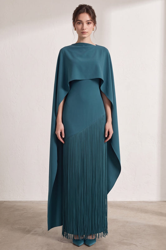 Teal Matte Crepe Column Evening Gown with Asymmetrical Cape Overlay teal matte crepe evening gown - product view 3