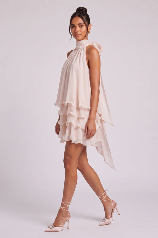 Pale Pink Chiffon Tiered Mini Dress with Halter Neck pale pink, blush pink chiffon dress - product view 2