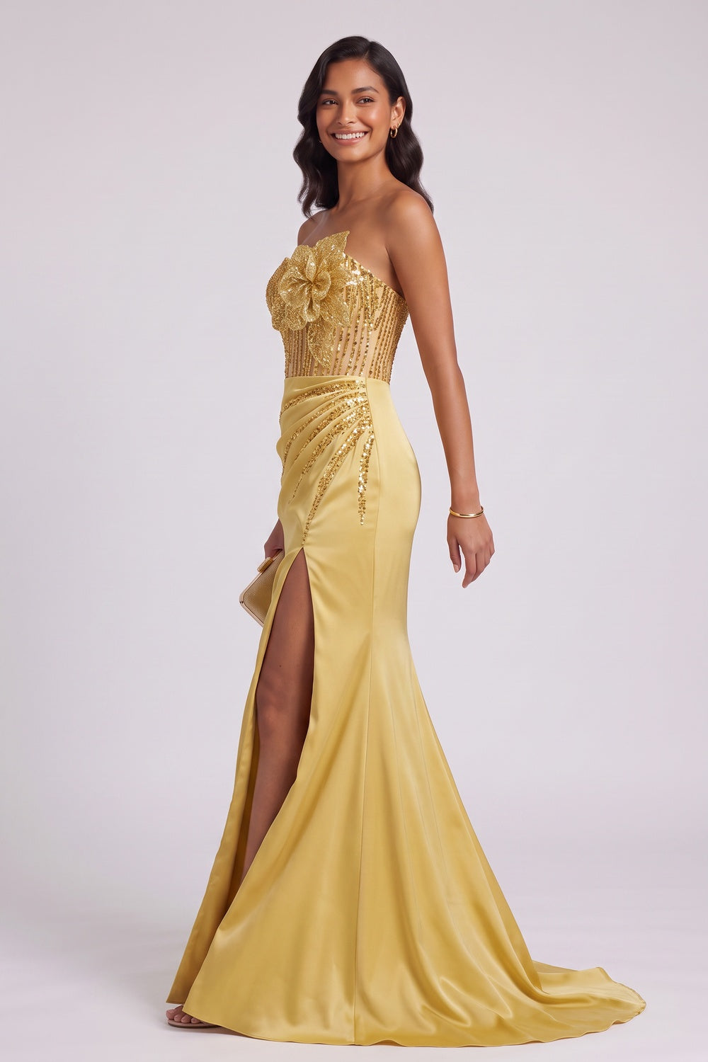 Gold Sequin Floral Strapless Mermaid Gown Premium Fabric - product view 3