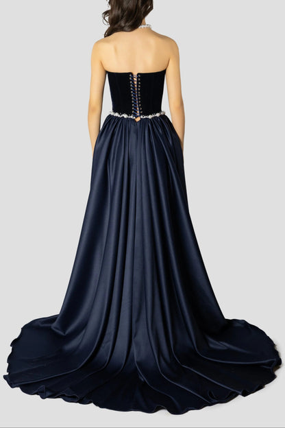 samantha Dark Blue Pearls Embroidered strapless maxi Dress