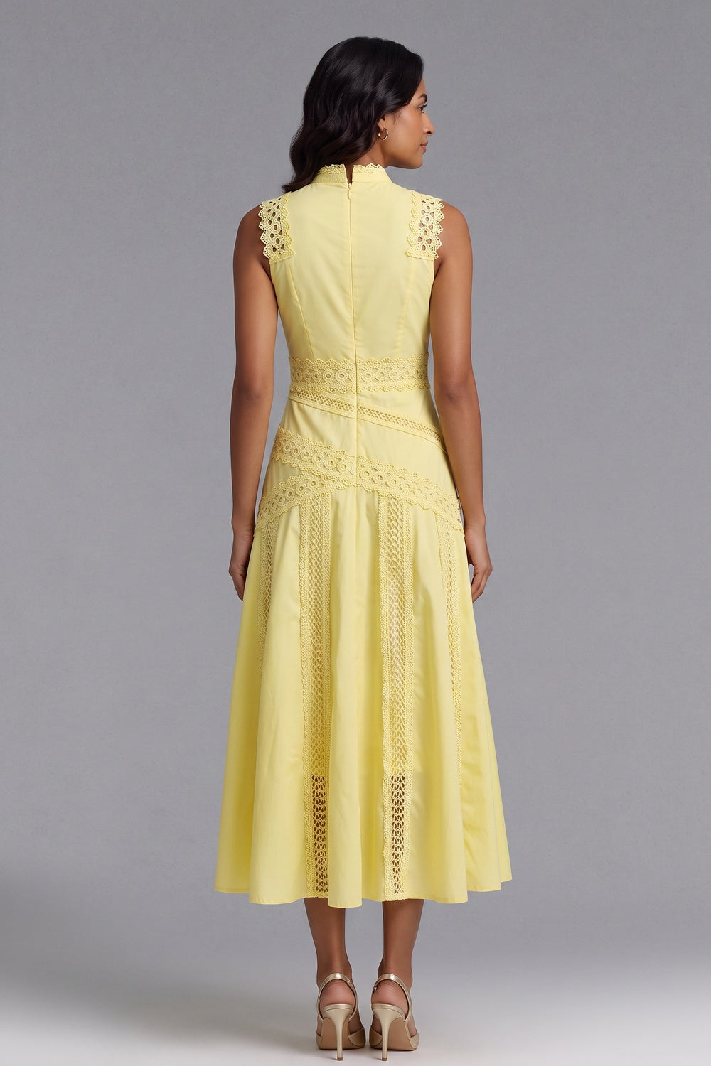 Yellow A-Line Midi Dress with Lace Inserts yellow lightweight woven cotton-blend dress - product view 5