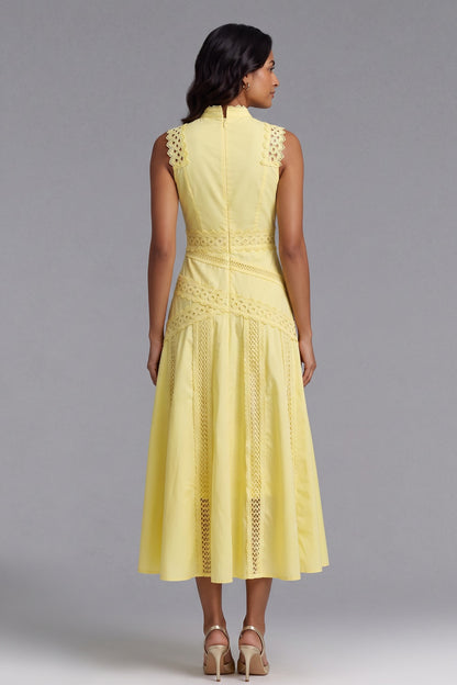 Yellow A-Line Midi Dress with Lace Inserts yellow lightweight woven cotton-blend dress - product view 5