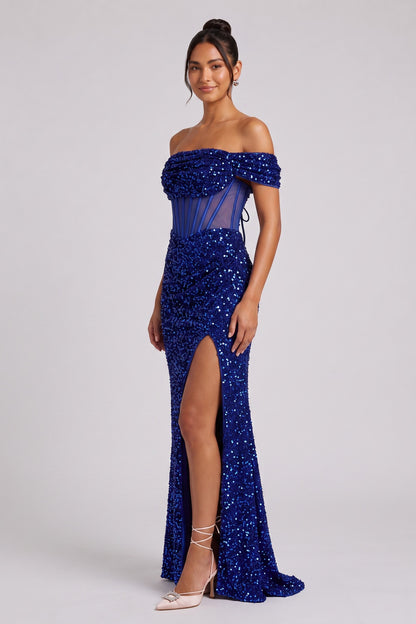 Royal Blue Sequin Off-The-Shoulder Floor-Length Gown with Corset Lace-Up Back Premium Fabric - product view 3