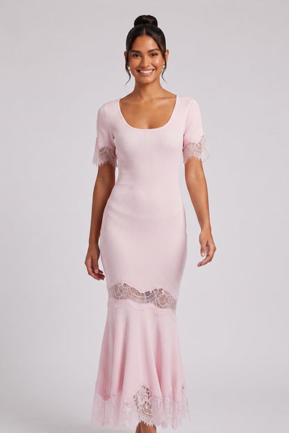 Light Pink Ribbed Knit Mermaid Maxi Dress with Lace Inserts light pink ribbed knit dress - product view 1