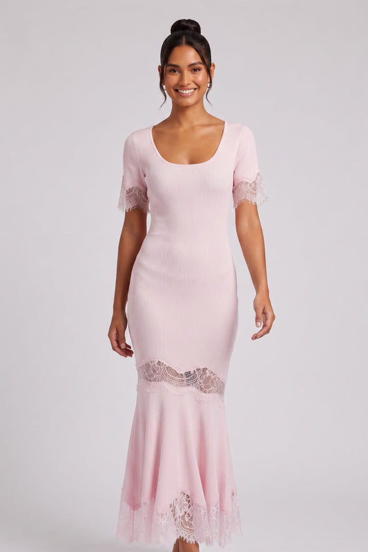 Light Pink Ribbed Knit Mermaid Maxi Dress with Lace Inserts light pink ribbed knit dress - product view 1