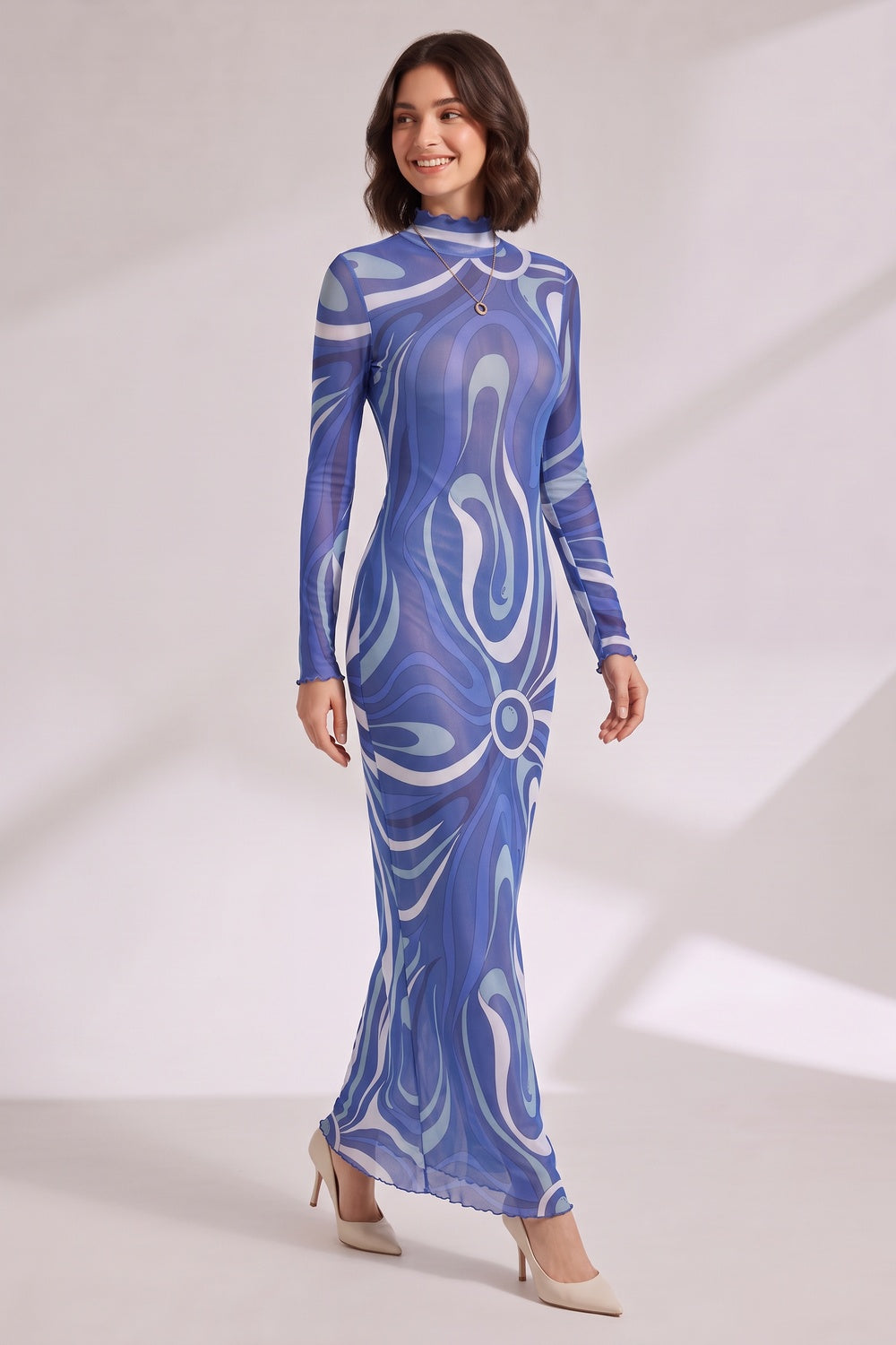 Blue Abstract Print Long Sleeve Maxi Dress Premium Fabric - product view 1
