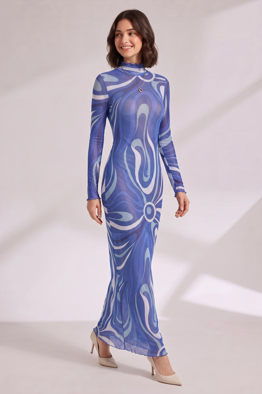 Blue Abstract Print Long Sleeve Maxi Dress Premium Fabric - product view 1