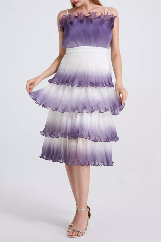 purple gradient pleated ruffle trim layered mini dress