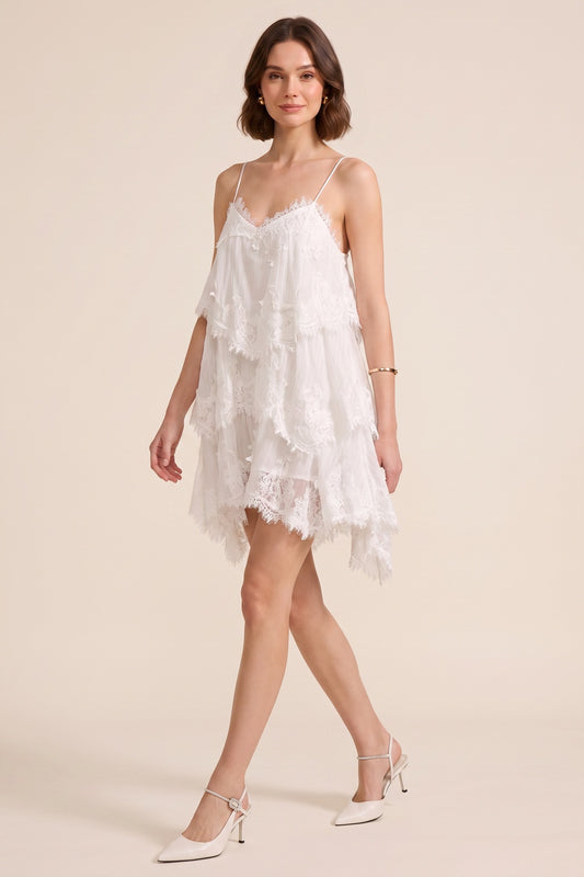 White Spaghetti Strap Multi-Tier Fringe Lace Asymmetric Mini Dress