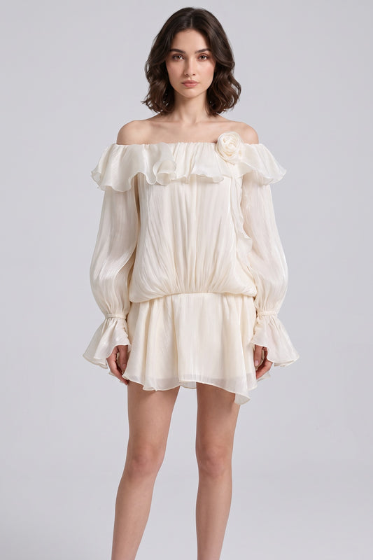 ivory crinkled chiffon or organza blouson top with flared skirt mini dress ivory, cream crinkled chiffon or organza mini dress - product view 1