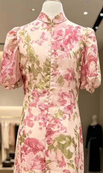 Beige Chiffon Mermaid Dress with Floral Print and Puff Sleeves