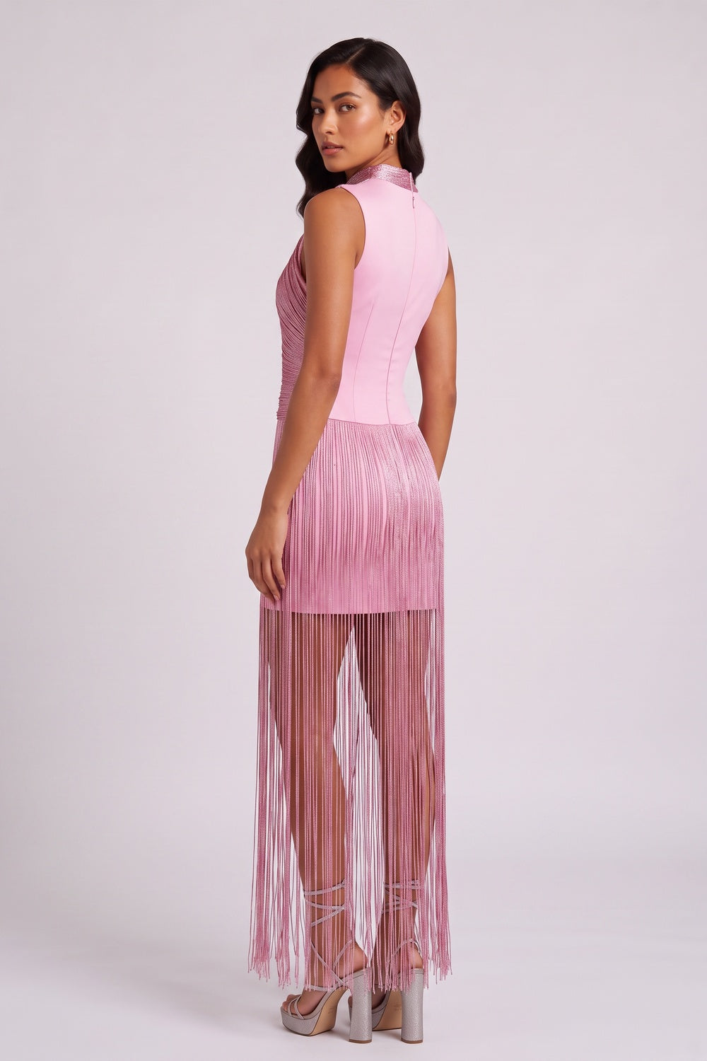 Metallic Twist High Neck Fringe Midi Dress