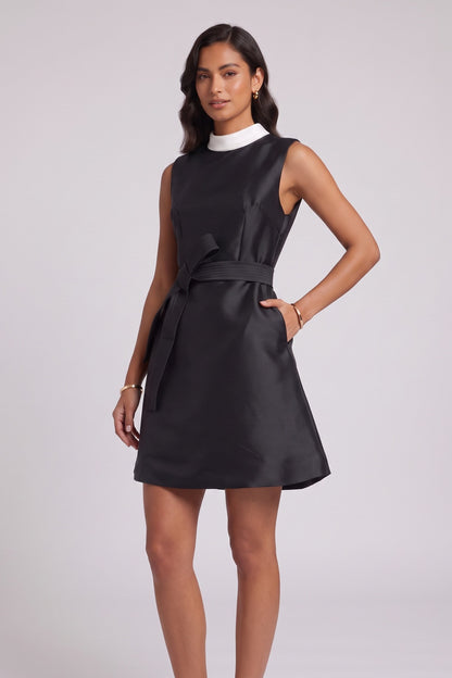 Black Structured Satin A-Line Mini Dress with Contrast Collar black structured satin or mikado silk dress - product view 3